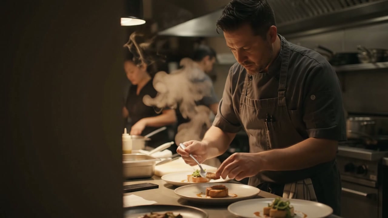 A chef plating food in a warm restaurant kitchen